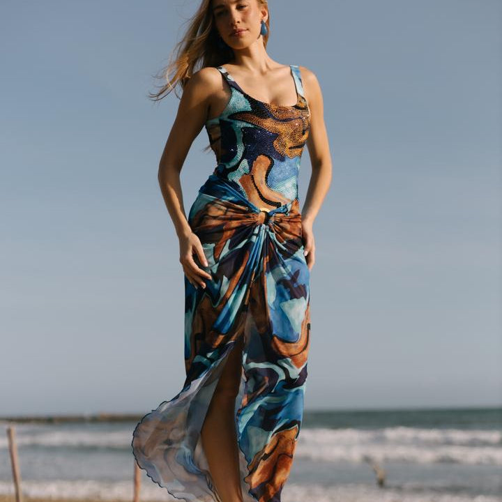 FALDA ESTAMPADO ÍNDIGO DETALLE ARGOLLA MESH